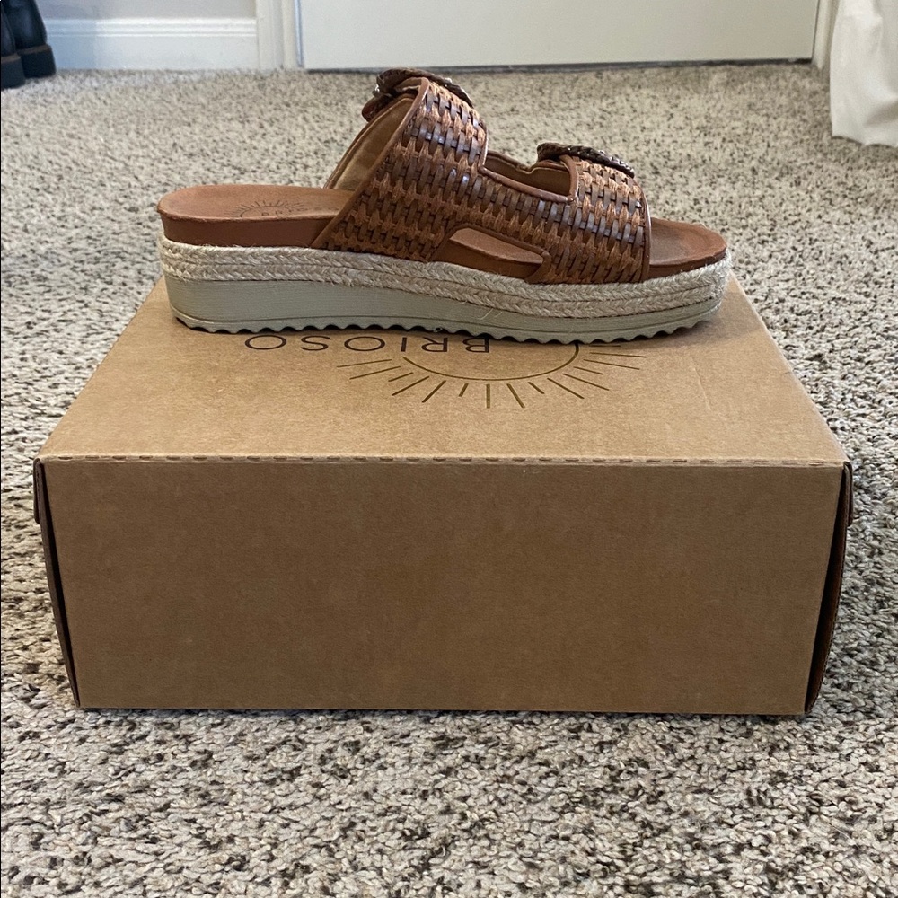 Brioso Fenney Brown Woven Double Buckle Banded Platform Slide Sandal, worn 5x - Picture 7 of 12